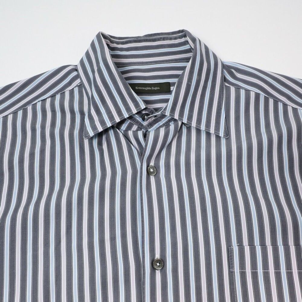 Ermenegildo Zegna Italy Gray Cotton Multi Stipe Button Down Dress Shirt, Large